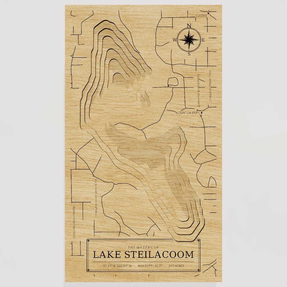 Lake Steilacoom 3D wood map, front view