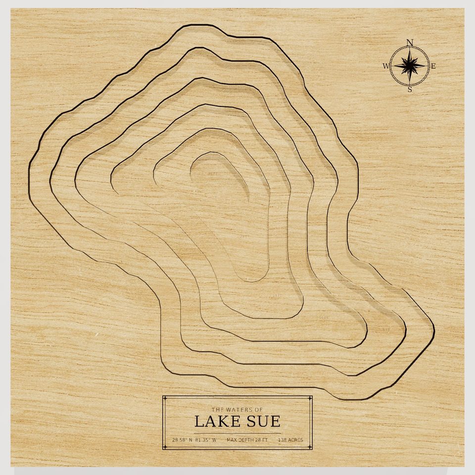 Lake Sue 3D wood map, front view
