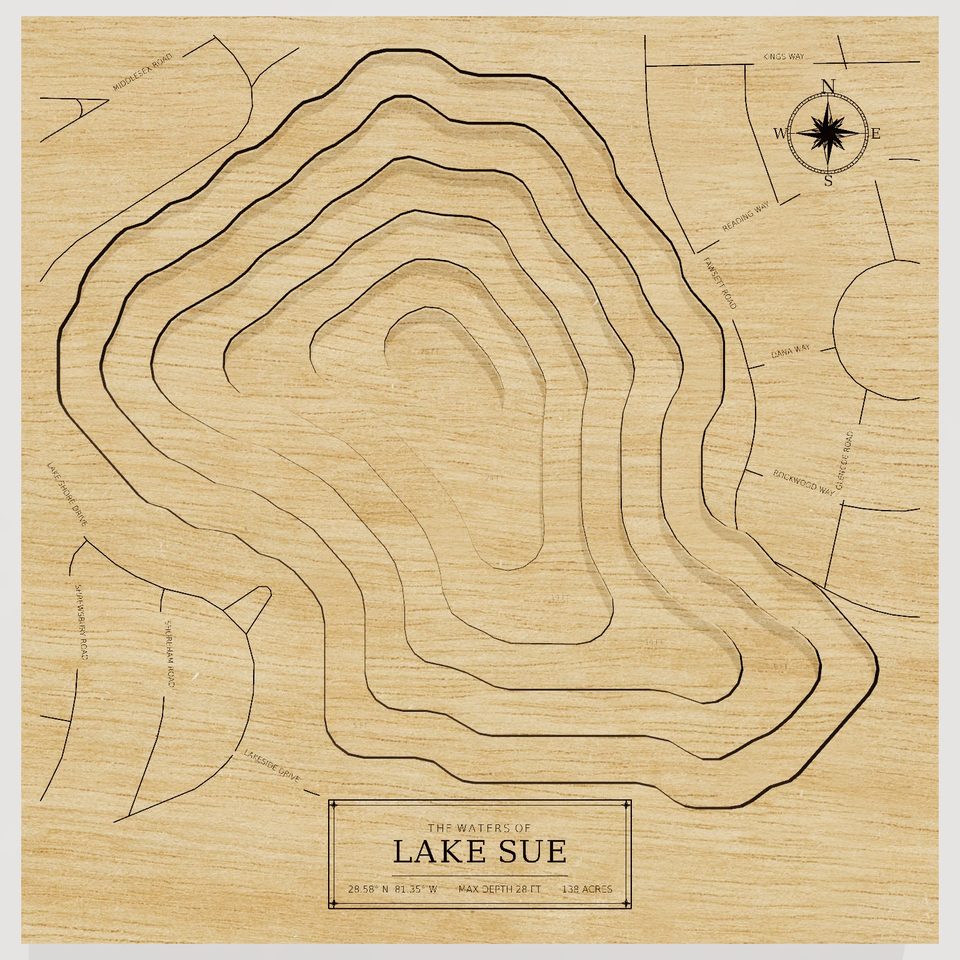 Lake Sue 3D wood map, front view