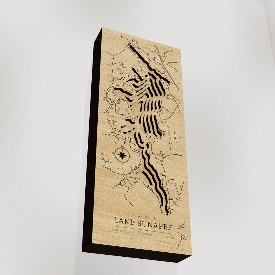 Lake Sunapee 3D wood map, angle low view
