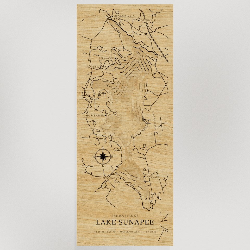 Lake Sunapee 3D wood map, front view