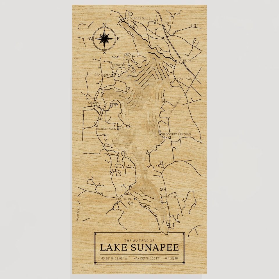 Lake Sunapee 3D wood map, front view