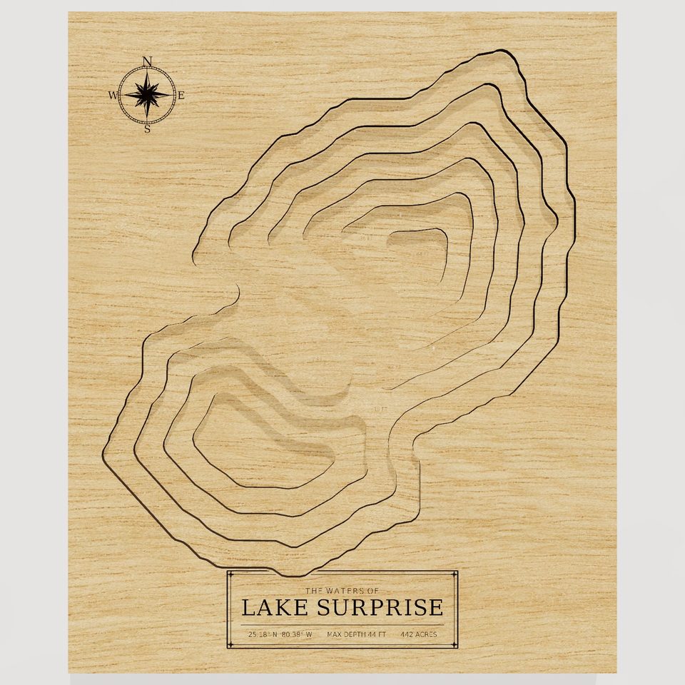 Lake Surprise 3D wood map, front view