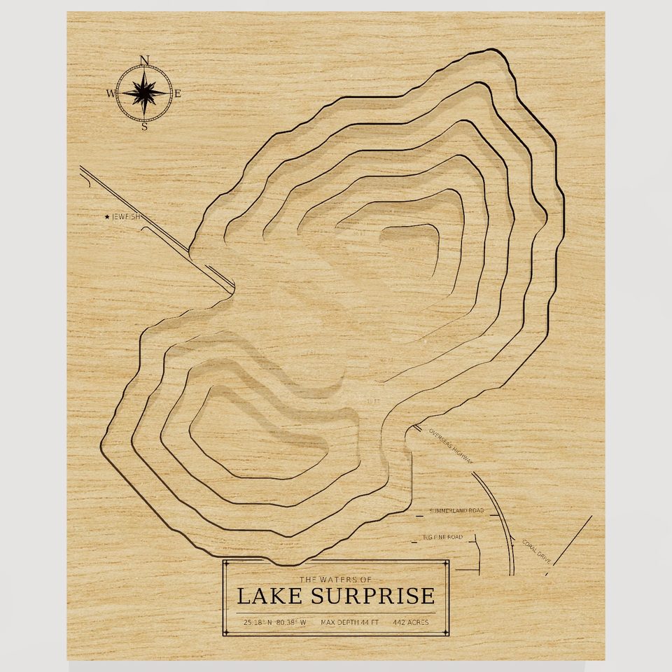 Lake Surprise 3D wood map, front view