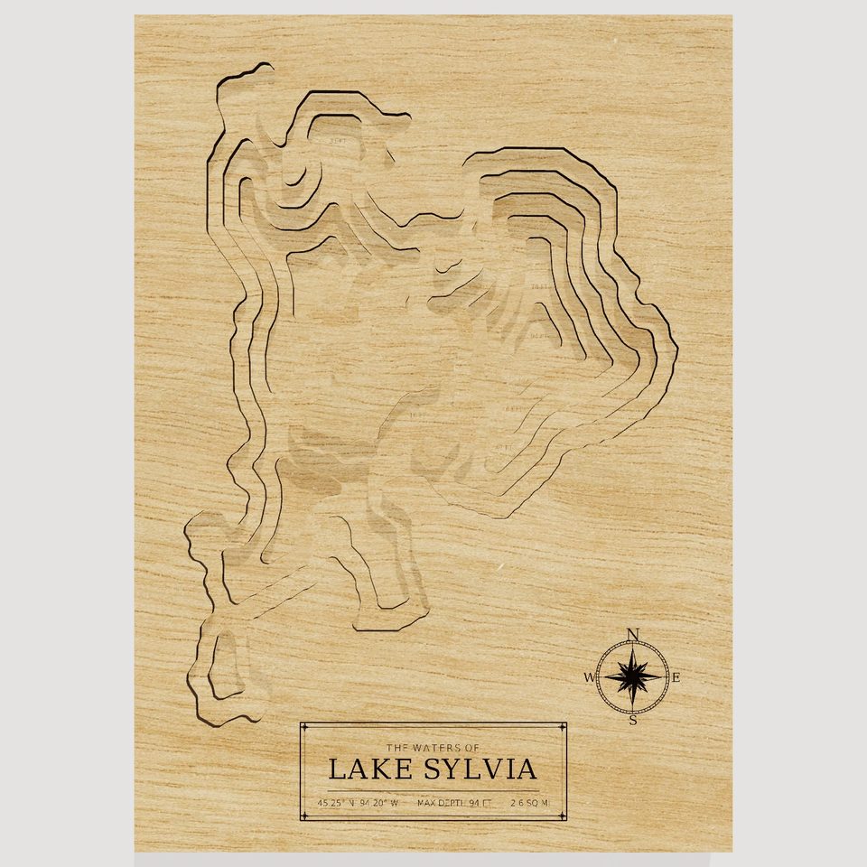 Lake Sylvia 3D wood map, front view