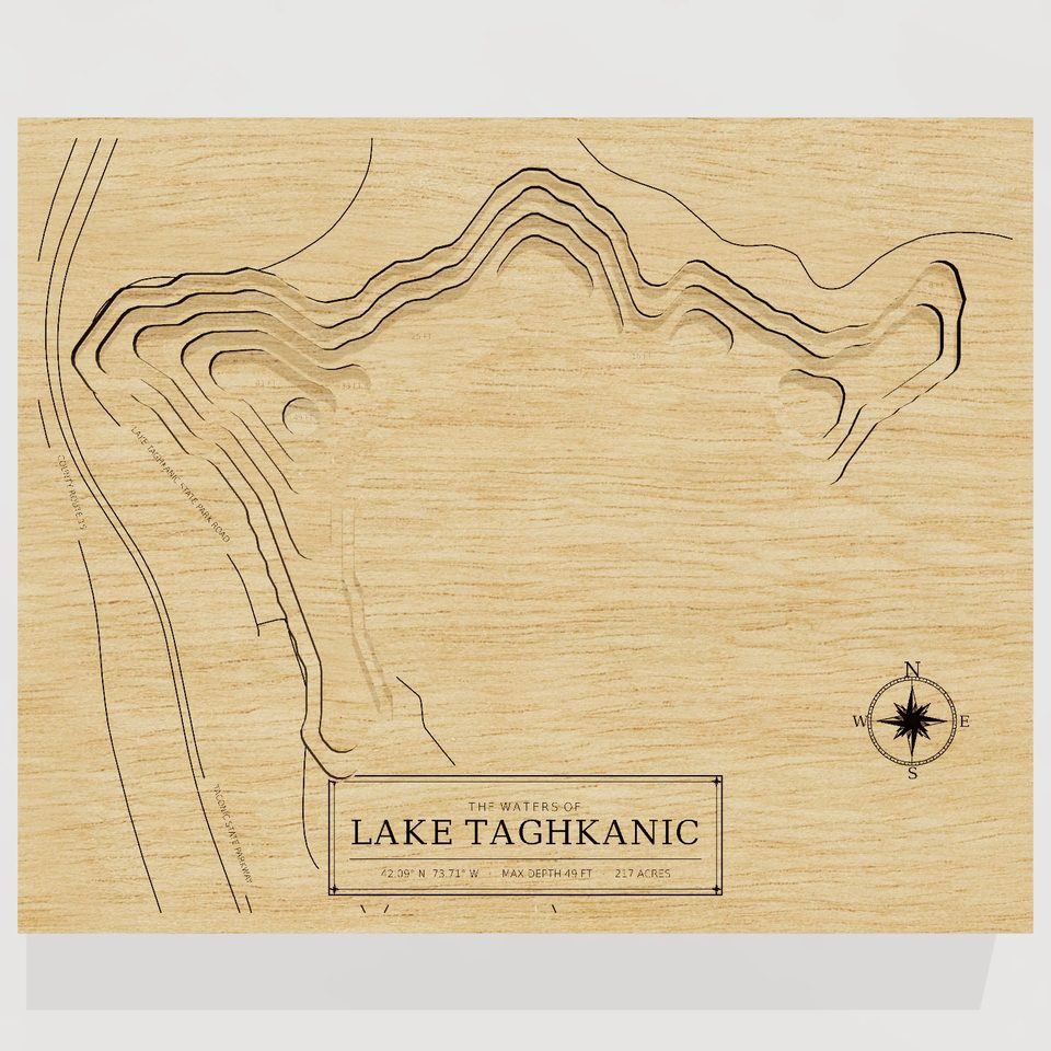 Lake Taghkanic 3D wood map, front view