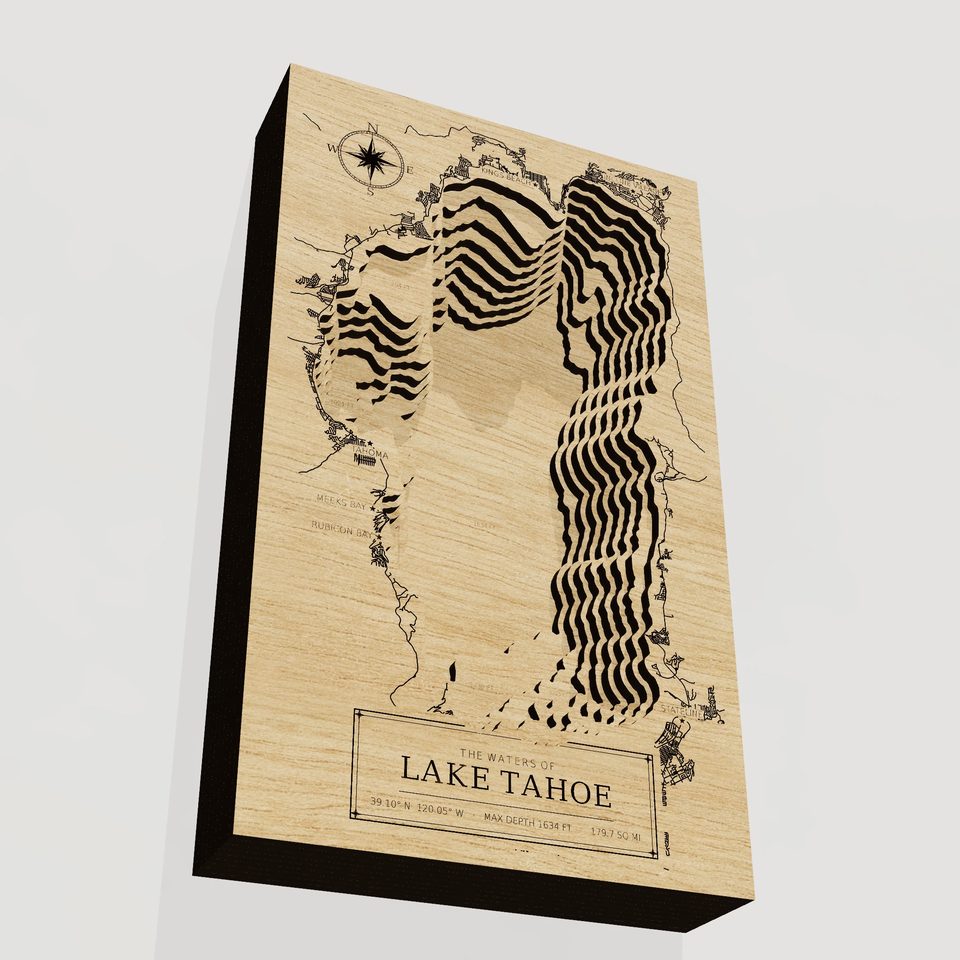 Lake Tahoe 3D wood map, angle low view