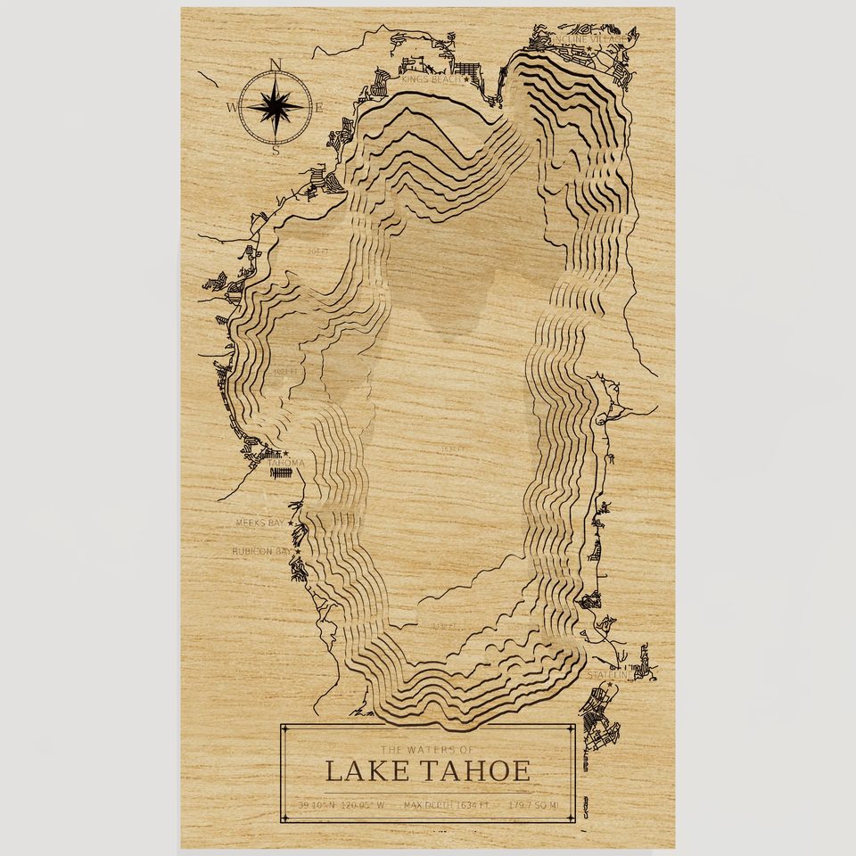 Lake Tahoe 3D wood map, front view