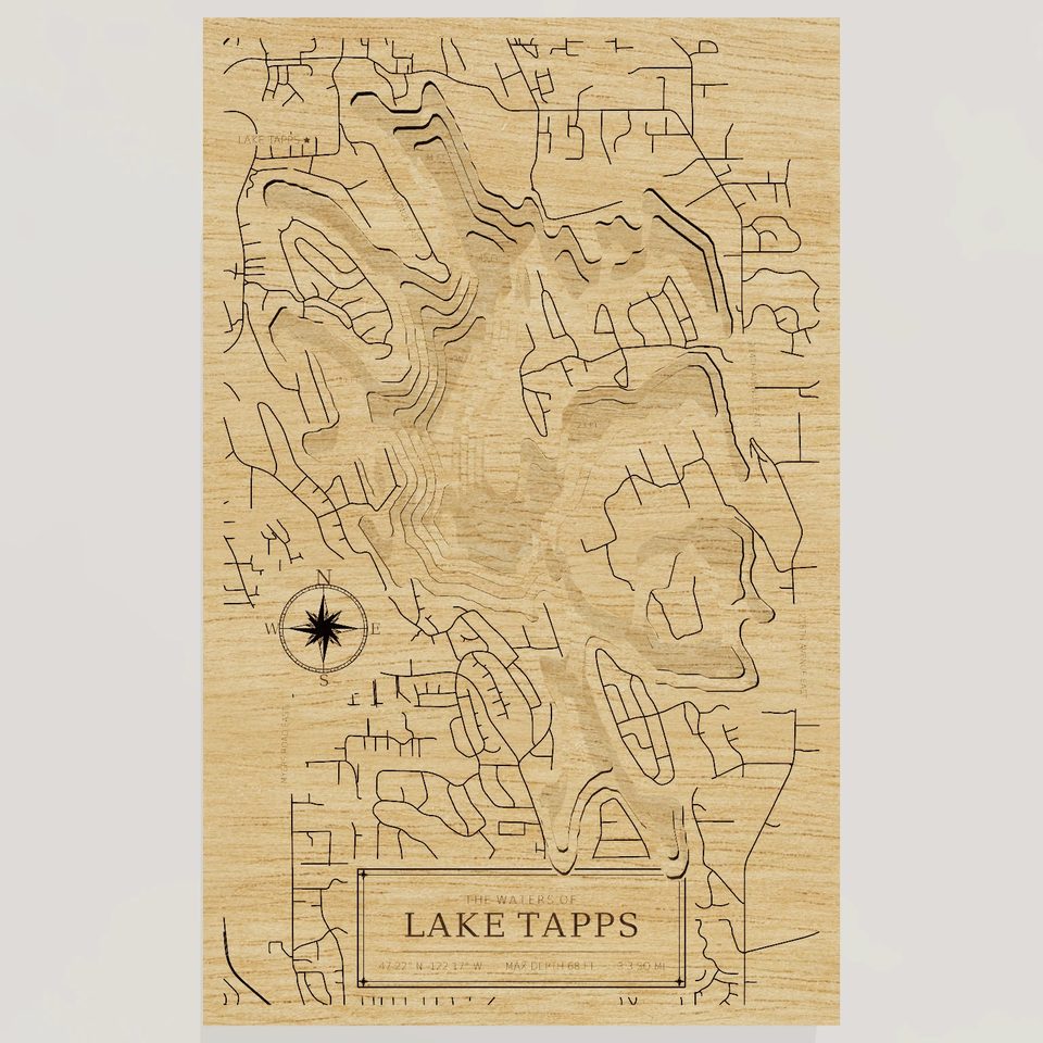 Lake Tapps 3D wood map, front view