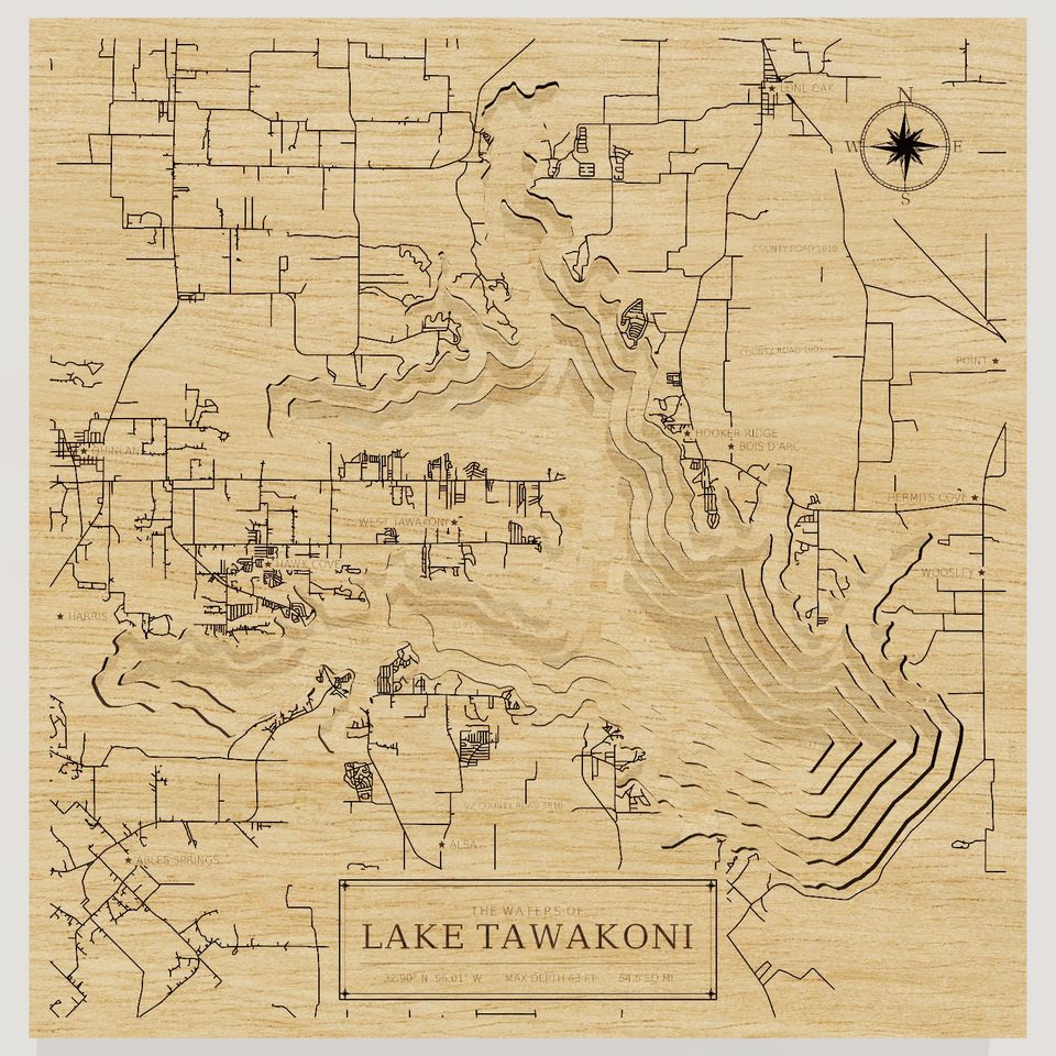 Lake Tawakoni 3D wood map, front view