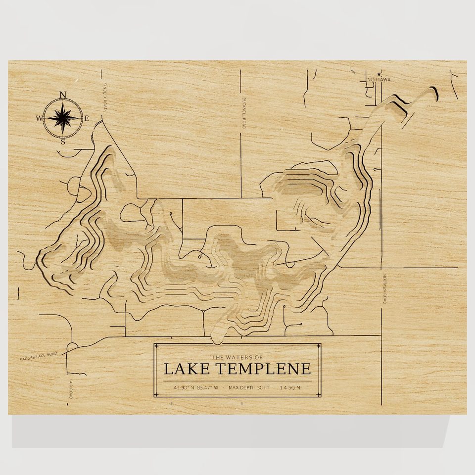Lake Templene 3D wood map, front view