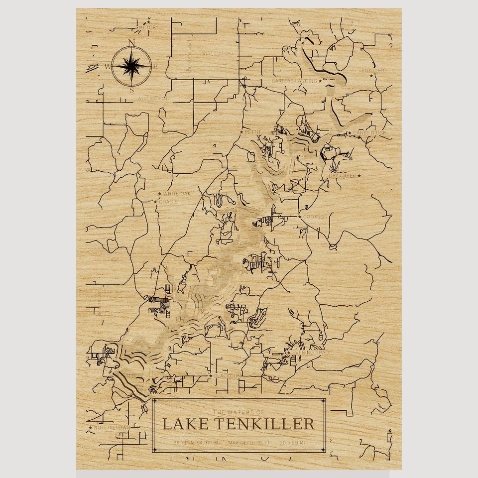 Lake Tenkiller 3D wood map, front view
