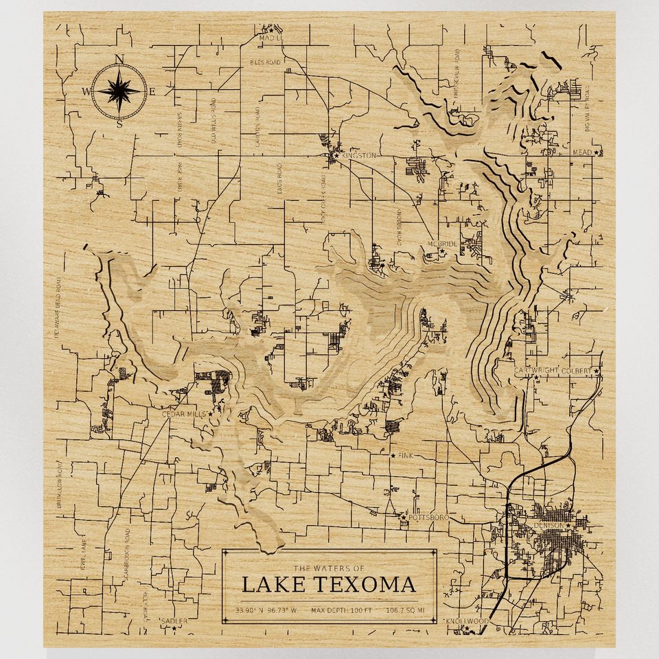 Lake Texoma 3D wood map, front view