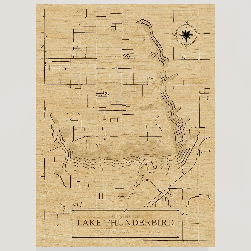 Lake Thunderbird 3D wood map, front view