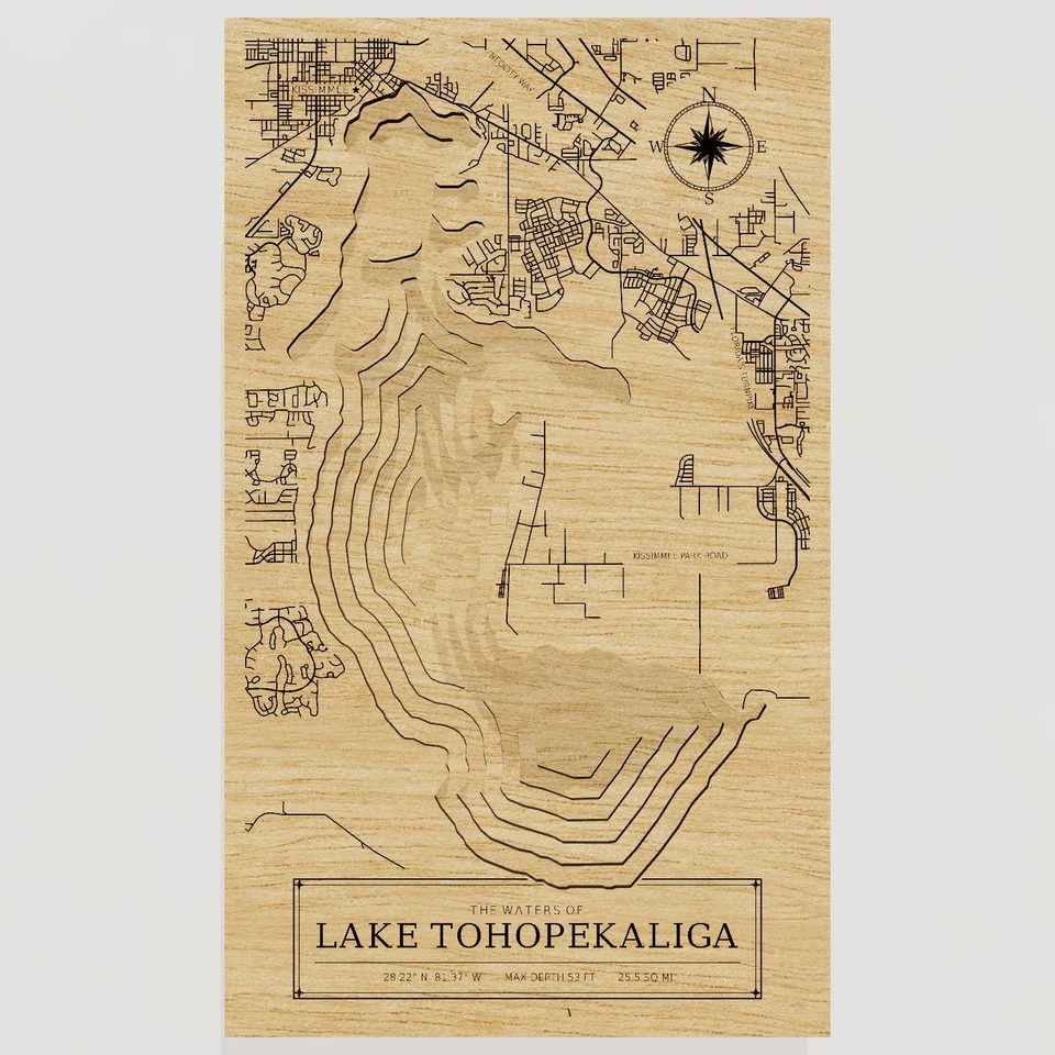 Lake Tohopekaliga 3D wood map, front view