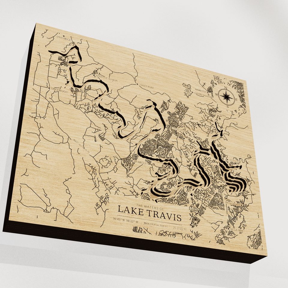 Lake Travis 3D wood map, angle low view