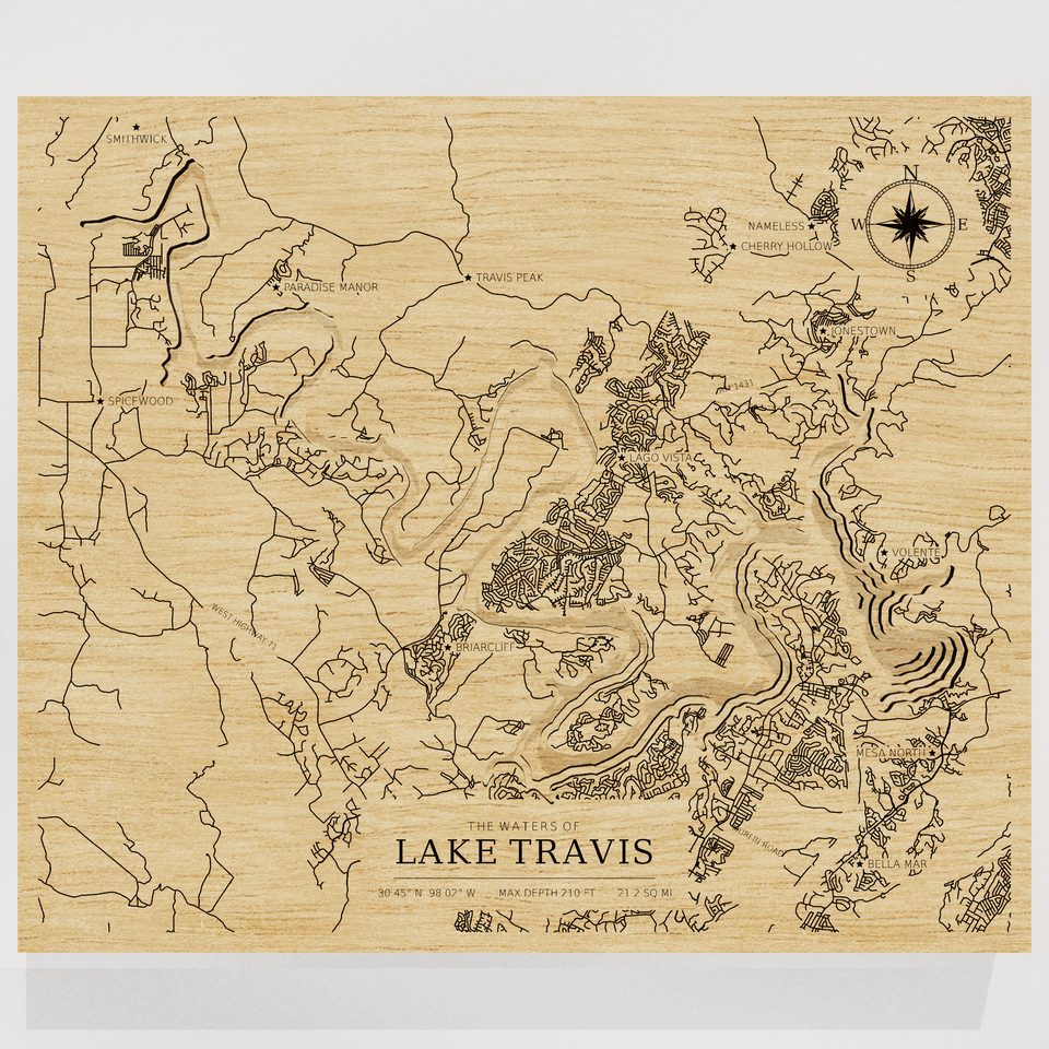 Lake Travis 3D wood map, front view