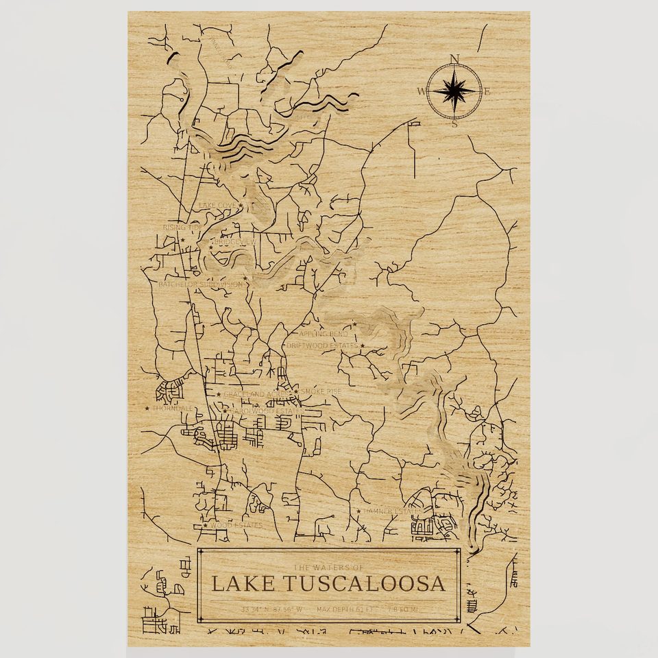 Lake Tuscaloosa 3D wood map, front view