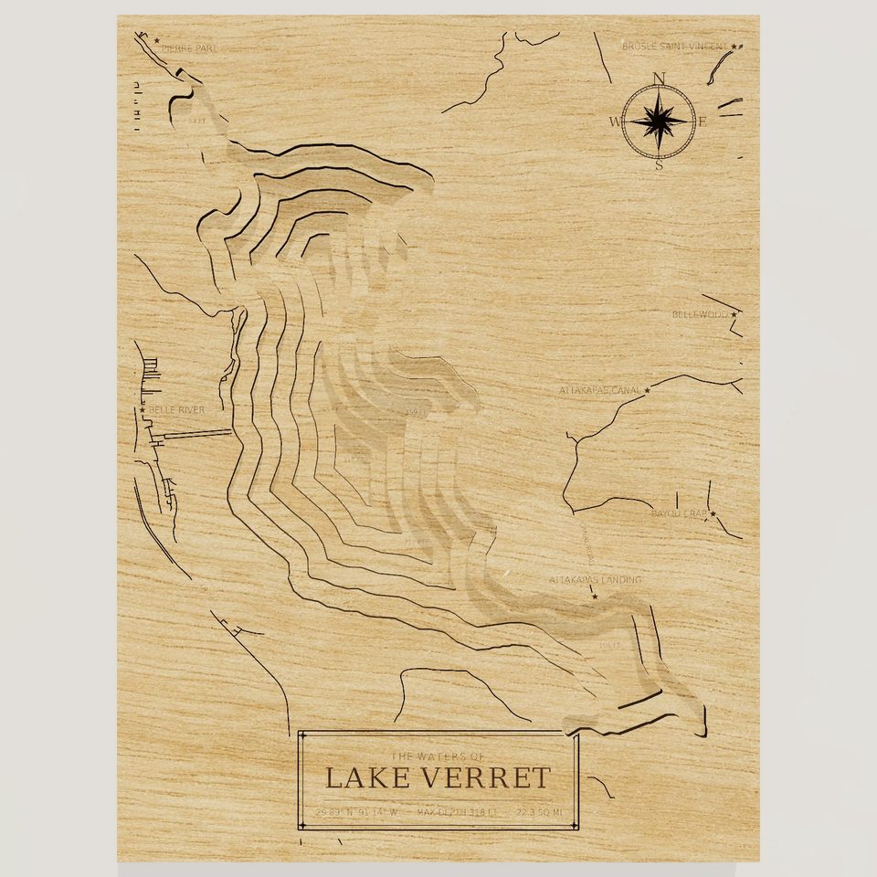 Lake Verret 3D wood map, front view