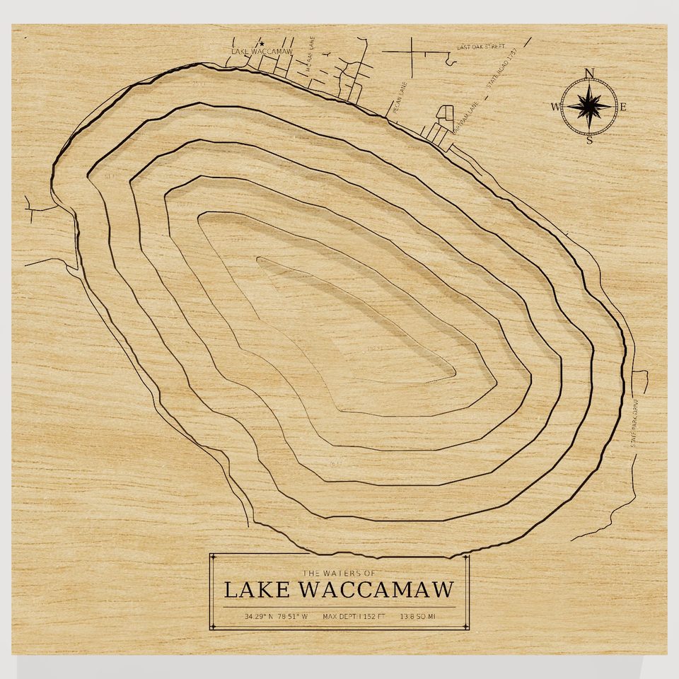 Lake Waccamaw 3D wood map, front view