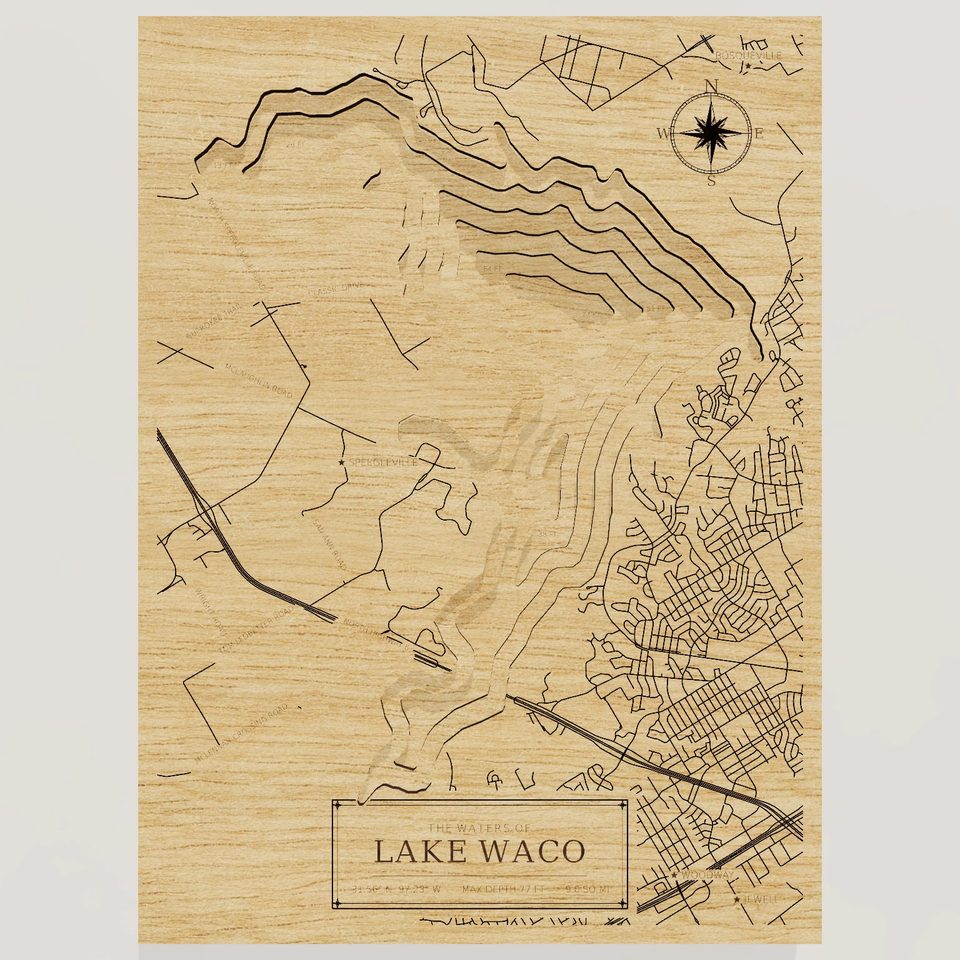 Lake Waco 3D wood map, front view