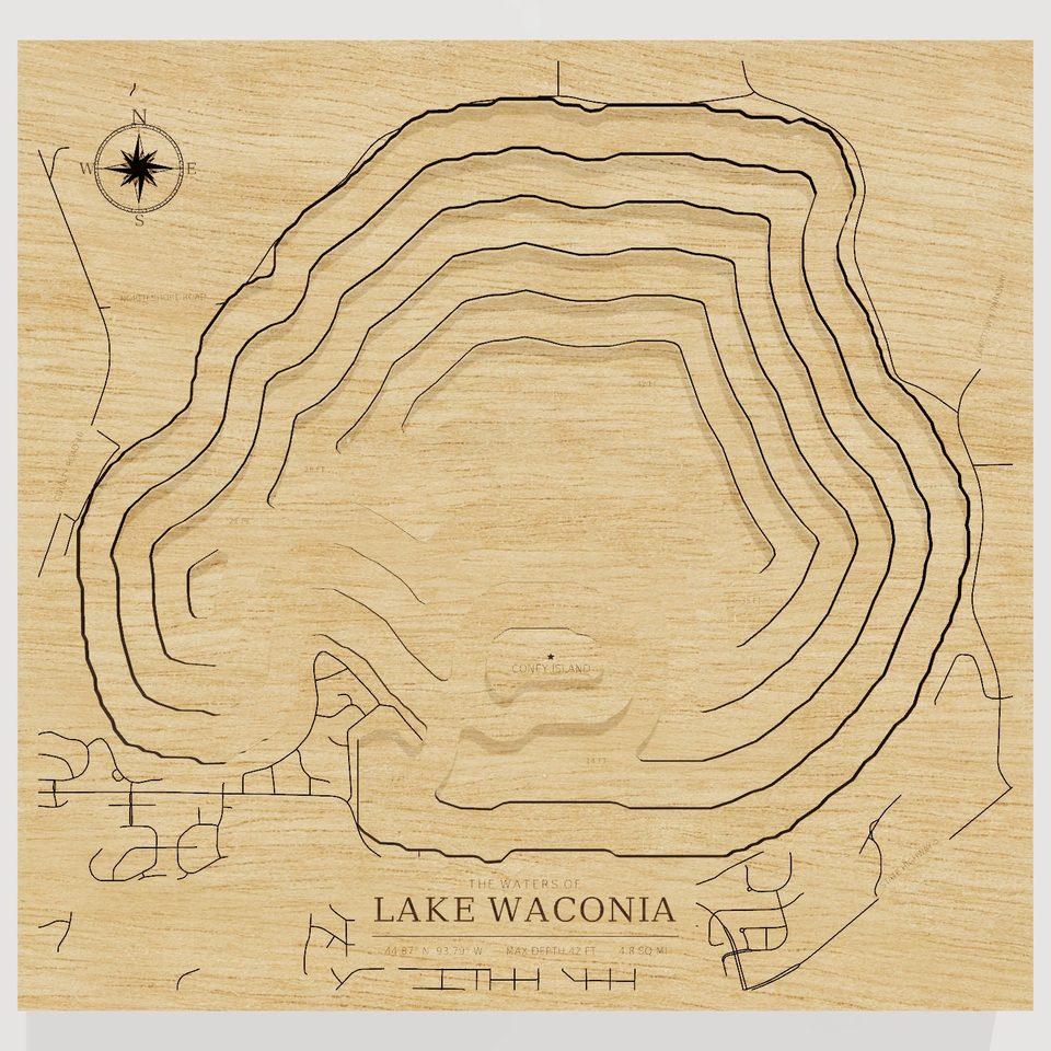 Lake Waconia 3D wood map, front view