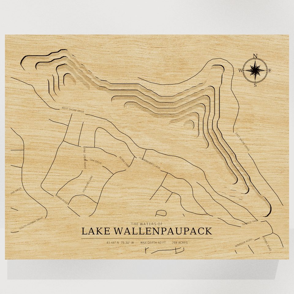 Lake Wallenpaupack 3D wood map, front view