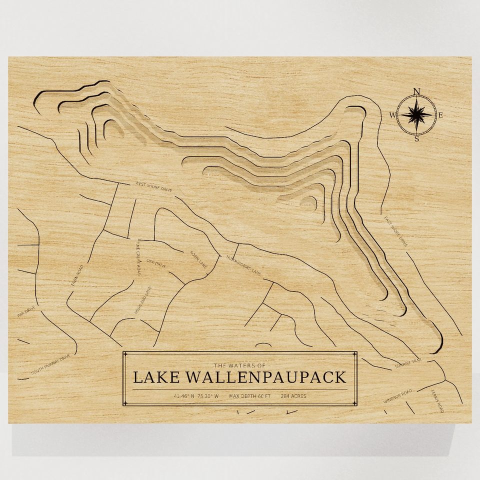 Lake Wallenpaupack 3D wood map, front view