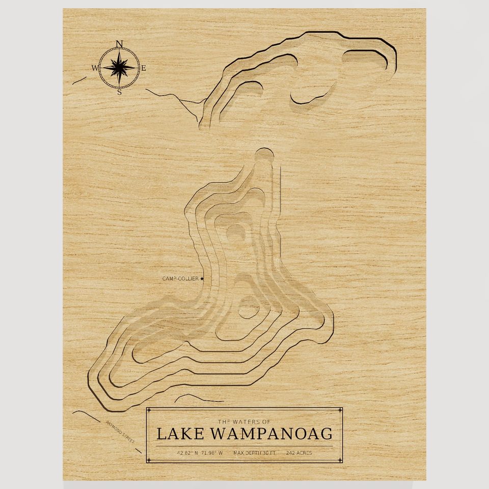 Lake Wampanoag 3D wood map, front view