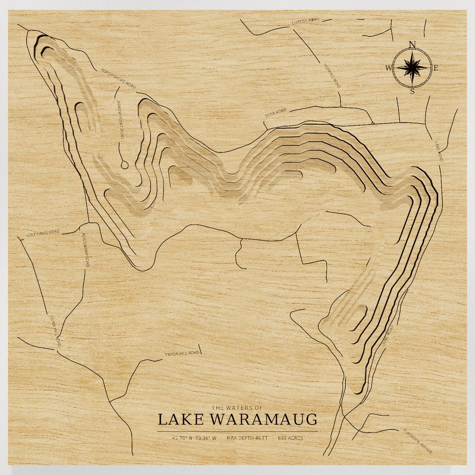 Lake Waramaug 3D wood map, front view