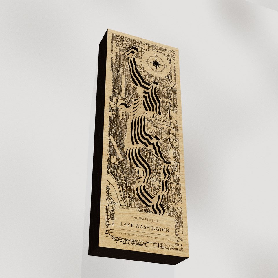 Lake Washington 3D wood map, angle low view