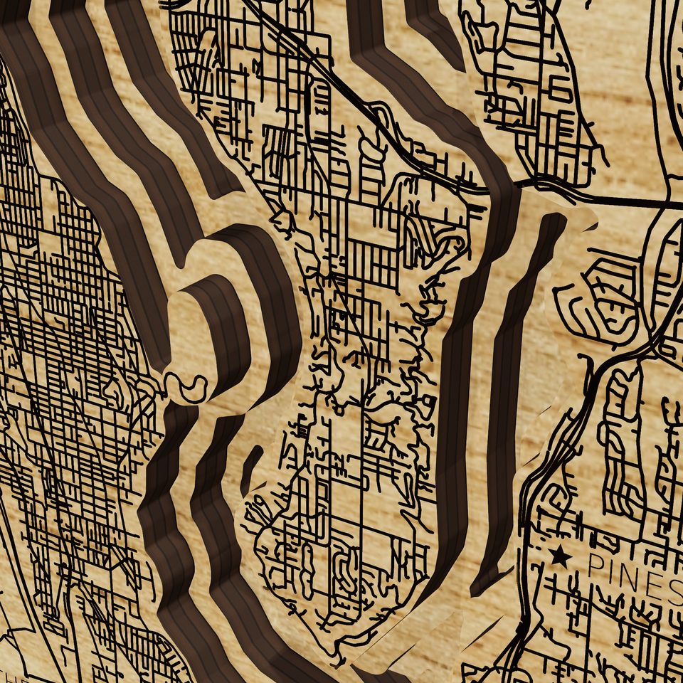 Lake Washington 3D wood map, detail view