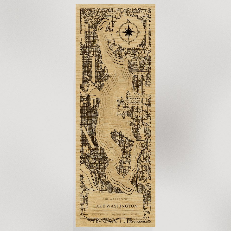 Lake Washington 3D wood map, front view