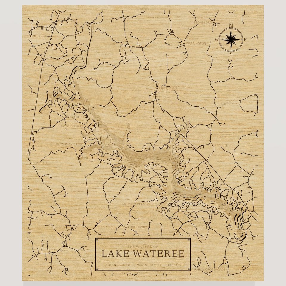 Lake Wateree 3D wood map, front view
