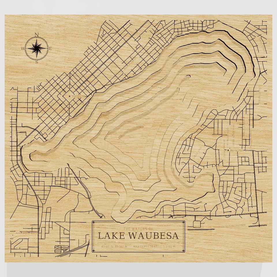Lake Waubesa 3D wood map, front view