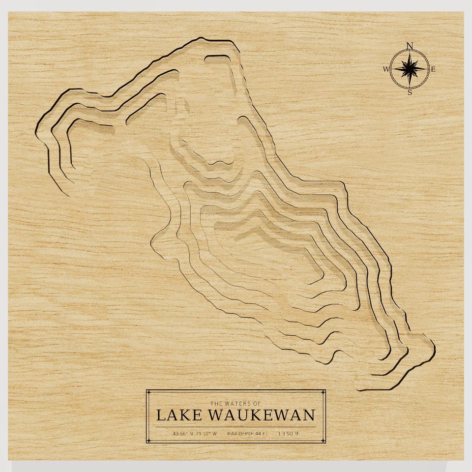 Lake Waukewan 3D wood map, front view