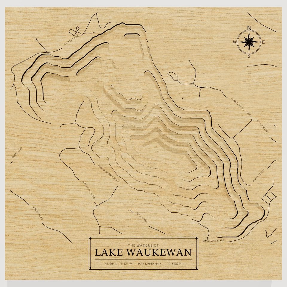 Lake Waukewan 3D wood map, front view