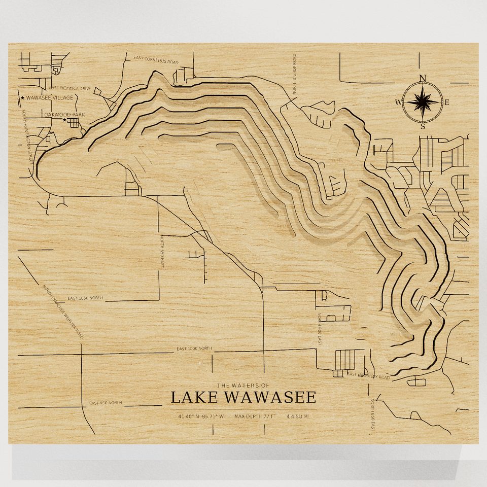 Lake Wawasee 3D wood map, front view