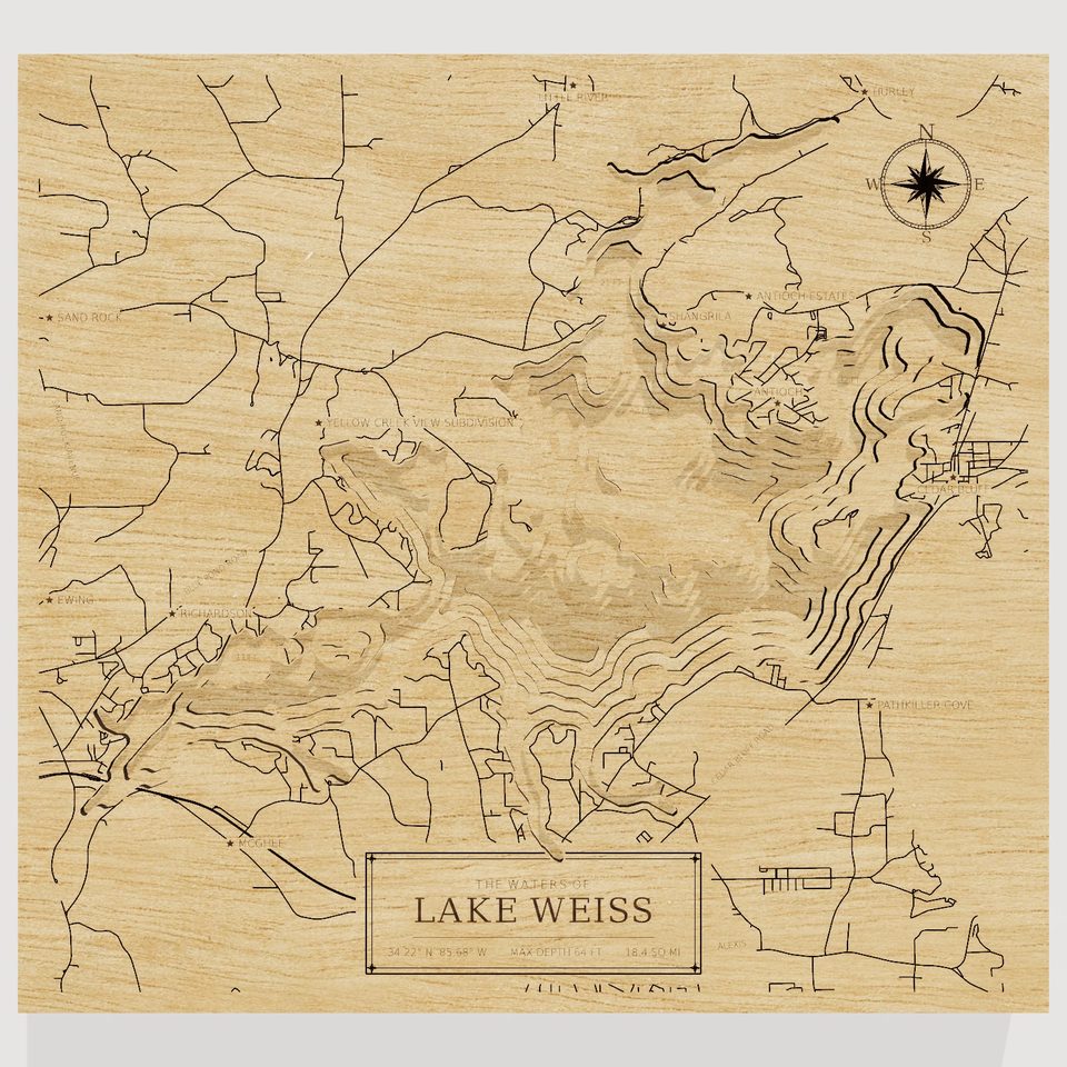 Lake Weiss 3D wood map, front view