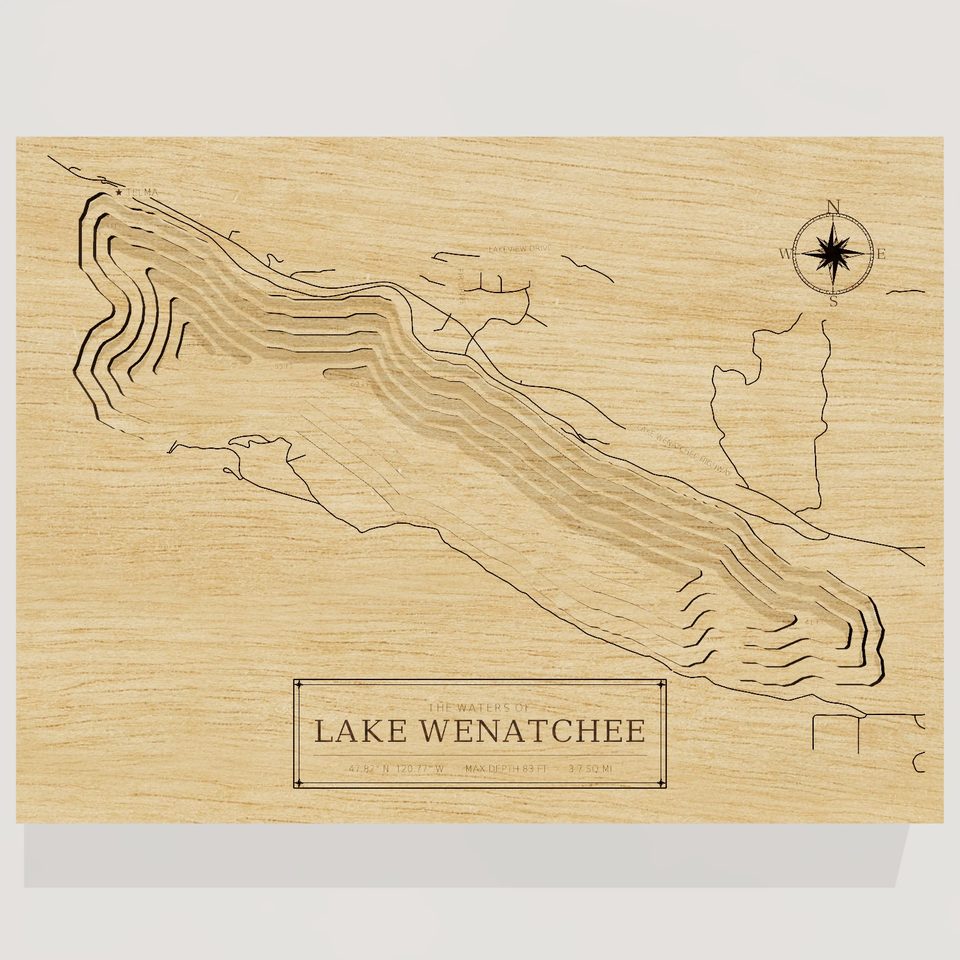 Lake Wenatchee 3D wood map, front view