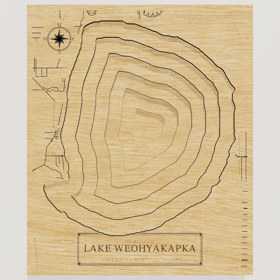 Lake Weohyakapka 3D wood map, front view
