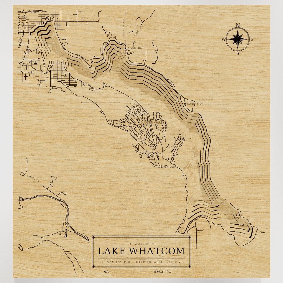 Lake Whatcom 3D wood map, front view