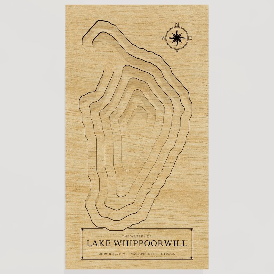 Lake Whippoorwill 3D wood map, front view
