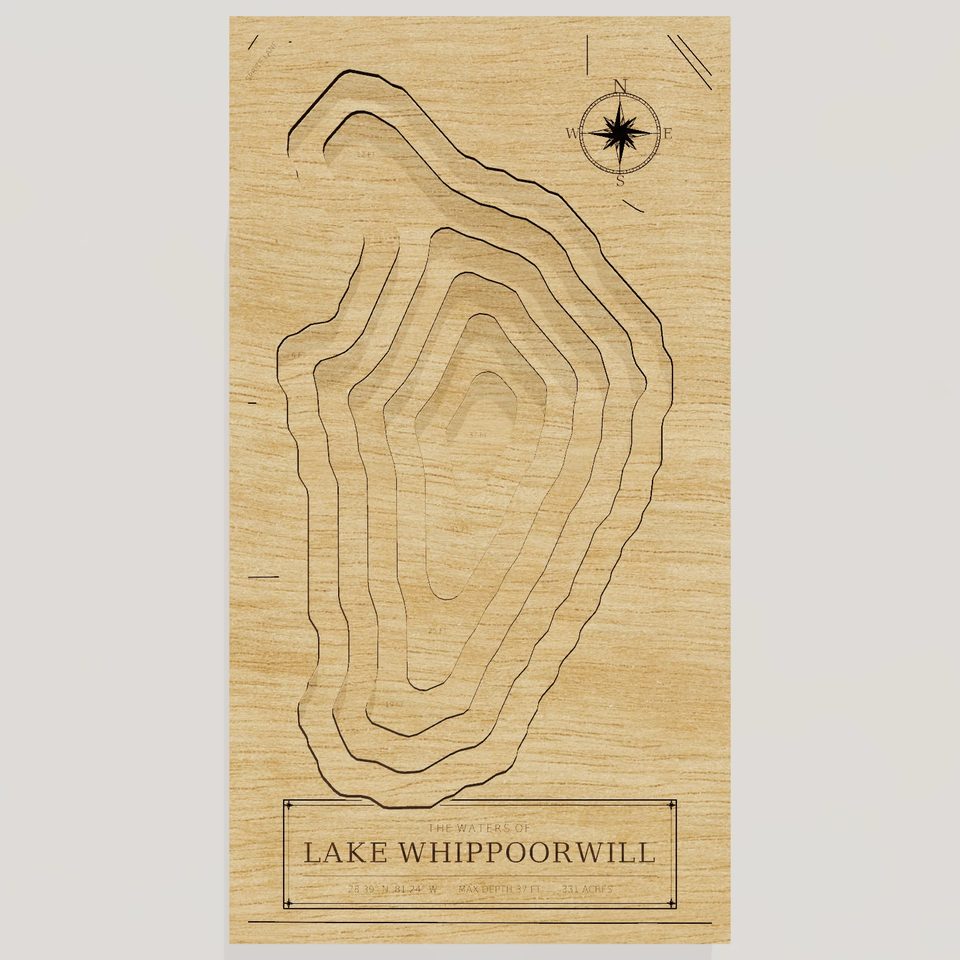 Lake Whippoorwill 3D wood map, front view