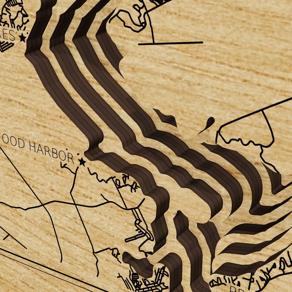 Lake Whitney 3D wood map, detail view