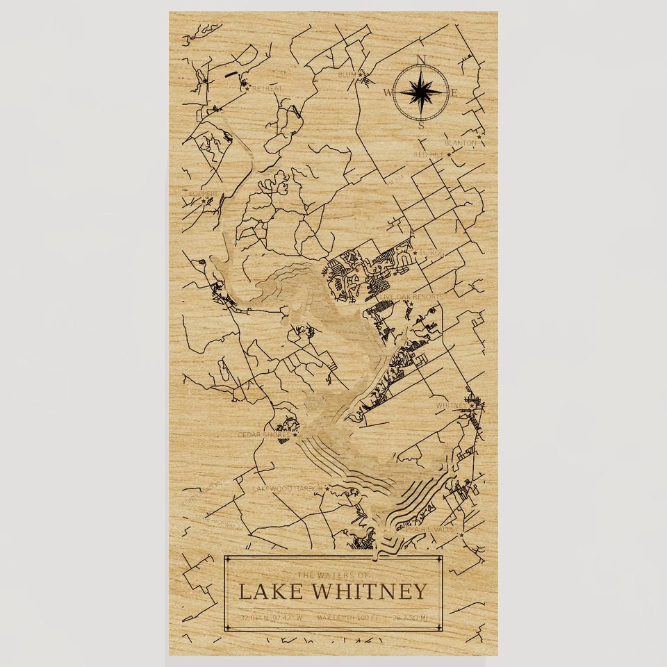 Lake Whitney 3D wood map, front view