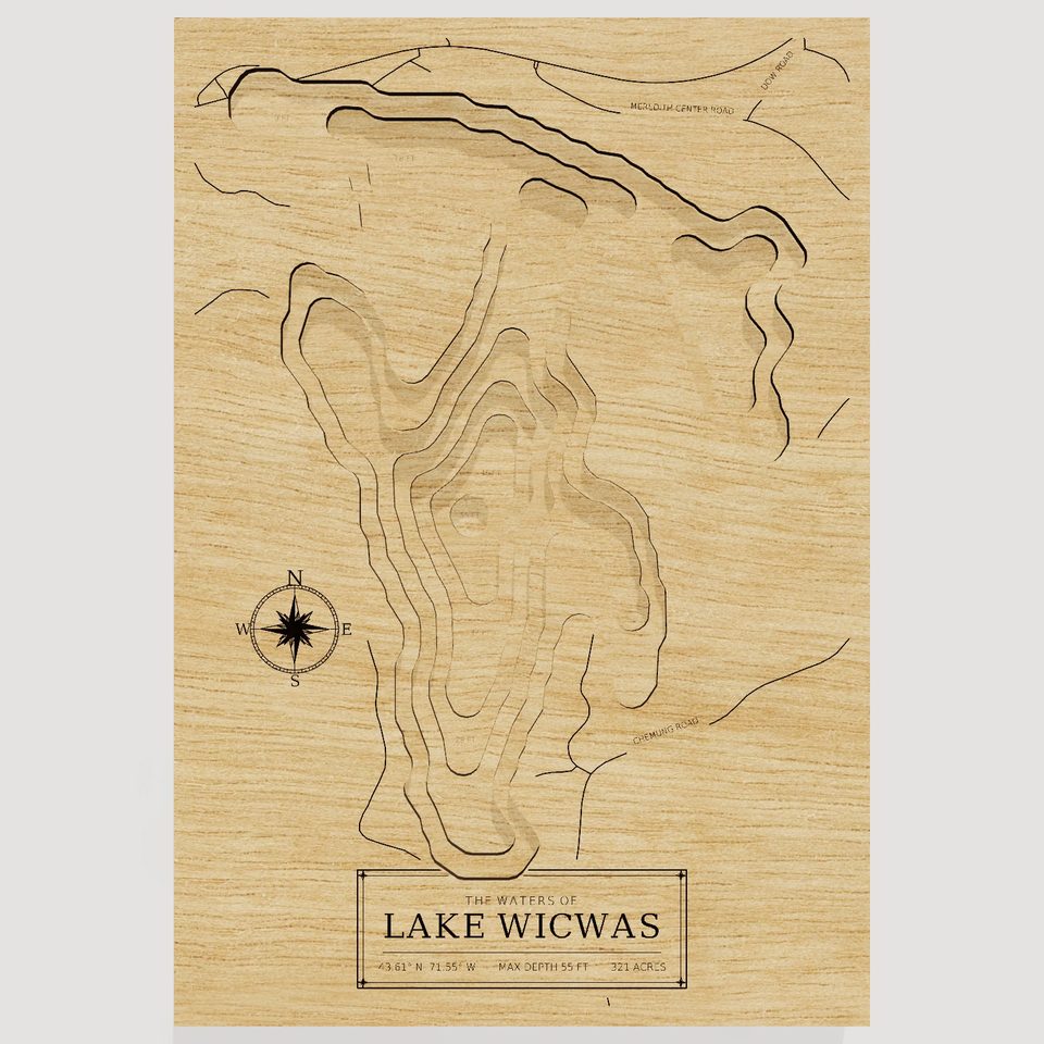 Lake Wicwas 3D wood map, front view