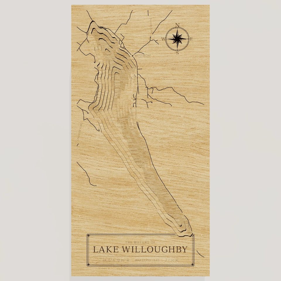 Lake Willoughby 3D wood map, front view