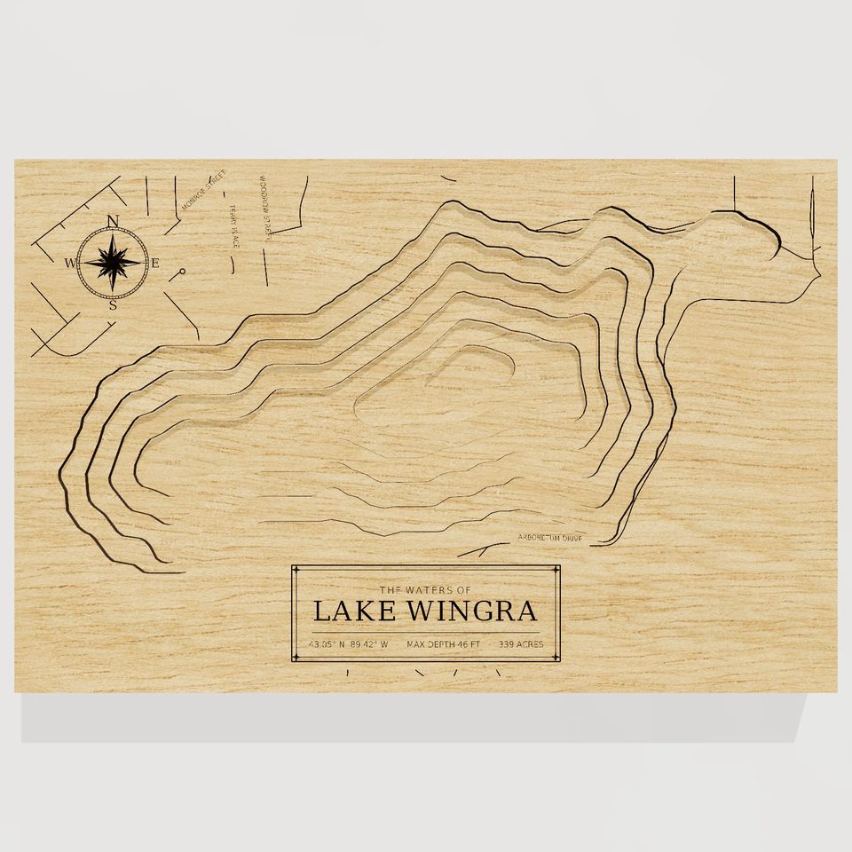 Lake Wingra 3D wood map, front view