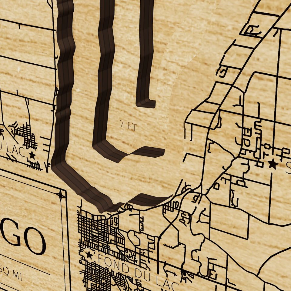 Lake Winnebago 3D wood map, detail view